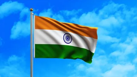 Close up of the Indian flag raised up on a flagpole Ilustração Stock