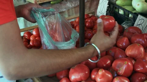 Close-up, Indian Guy Buys Tomatoes at the Bazaar Stock Footage 113119494