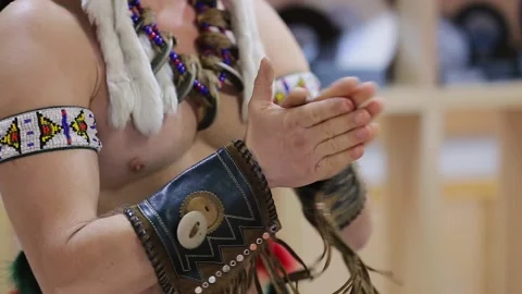 Close up of an indian native american rubs his hands. Old american shaman Stock Footage 132696493