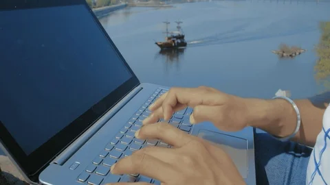 Close-Up, Indian Student Hands Type Laptop Keyboard Text on the Background of Stock Footage 111154648