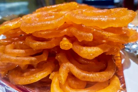 Close-up of Indian sweet, Jalebi in a catering situation Stock Photos