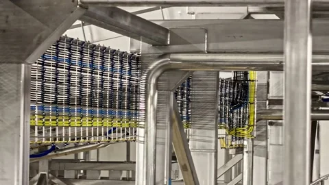 Close-up of industrial cable trays with bundled wiring and stainless steel Stock Footage 331655592