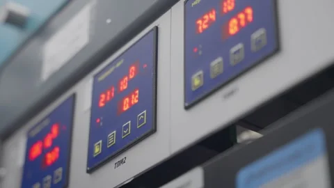 Close-up of an industrial control panel with illuminated digital displays and Stock Footage 325869751