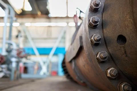 Close-up of industrial machine compressor housing showing sealing connection, Stock Photos