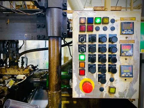 Close-up of an industrial machine control panel with push buttons, indicato.. Stock Photos