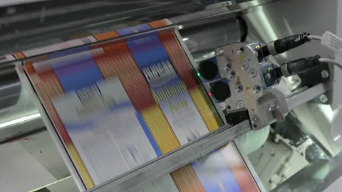 Close up of an industrial printing machine for self-adhesive labels Stock Footage 130755273