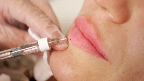 Close-up of injection into woman's lower lip Stock Footage 144193499