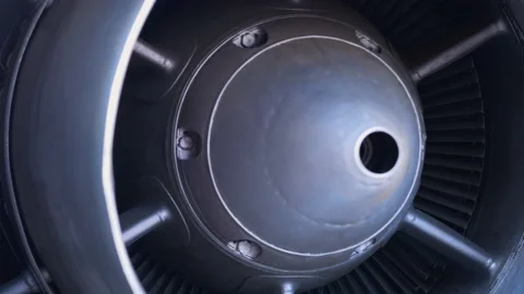 Close-up of the inlet nozzle of a jet engine. The turbojet engine of a Vídeos de archivo 213617148