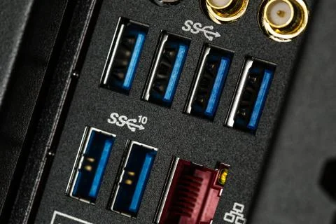 Close up of input output panel in the back of a computer with USB 3.0 ports Stock Photos