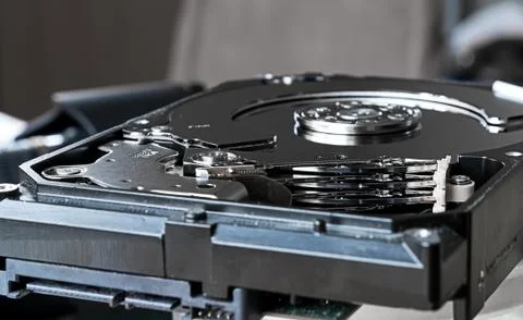 Close up inside of computer hard disk drive Stock Photos