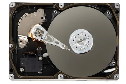 Close up inside of computer hard disk drive HDD isolated on white background Stock Photos