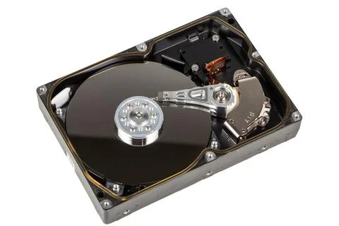Close up inside of computer hard disk drive HDD isolated on white background 스톡 사진