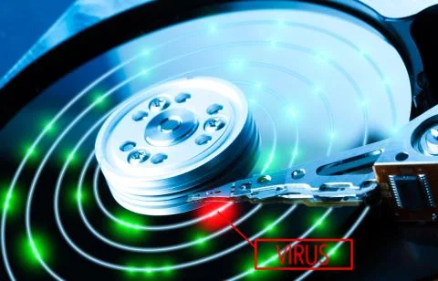 Close up inside of hard disk drive. Detail of writing/reading head on acuator Stock Photos