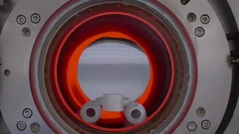 Close-up inside an industrial heating chamber, a vivid orange glowing ring Stock-Footage 325869555