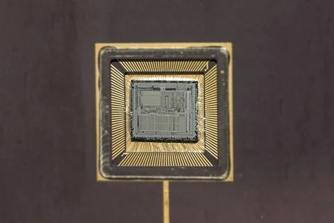 Close-up of the inside of an old microprocessor. 스톡 사진