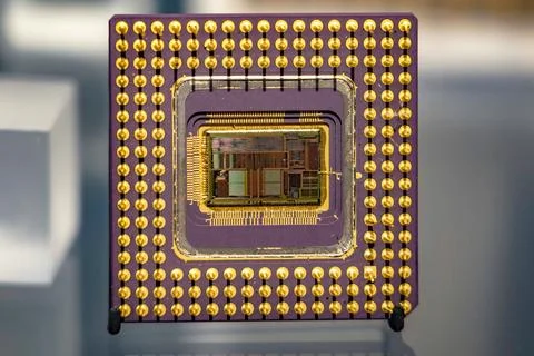 Close-up of the inside of an old microprocessor. Stock Photos