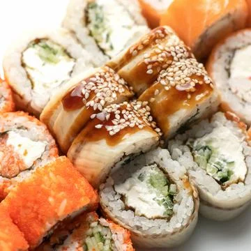 Close up of Inside-out mixed Sushi Set. Traditional Japanese Sushi rolls Stock Photos