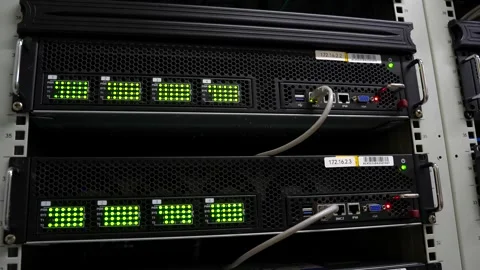 Close-Up Inside Server Cabinet with Running Computer Hardware and Network I.. Stock Footage 341700361