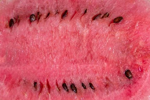 Close up inside of watermelon, red surface with black seeds have copy space f Stock-Fotos