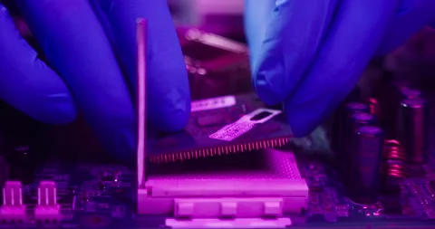 Close-up of installing computer processor, assembling motherboard, fixing Stock Footage 156120822