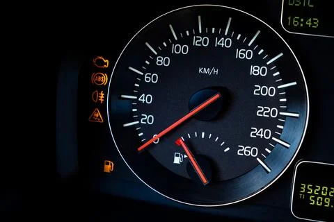 Close-up Instrument car panel with speedometer, low fuel level, ABS and other Stock Photos