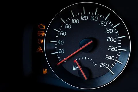 Close-up Instrument car panel with speedometer, low fuel level, ABS and other Stock Photos