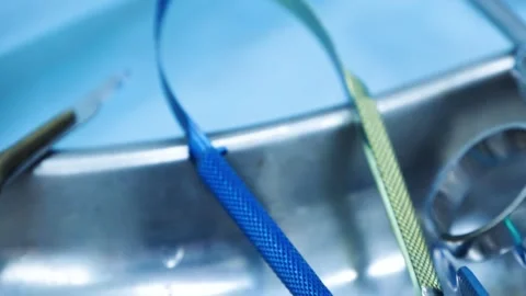 Close up of the Instruments for the operation. Scalpel and scissors and syringes Stock Footage 145602593