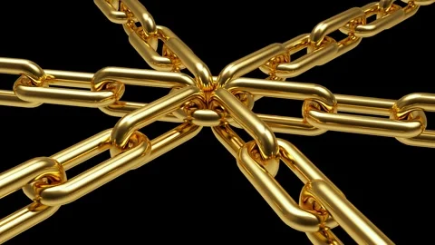 Close-up of interconnected gold metal chains on black, 3D animation. Stock Footage 337878183
