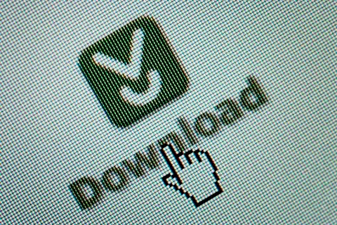 Close-up of a interface computer download button and a hand mouse cursor Stock Illustration