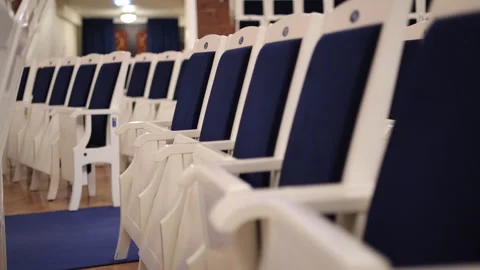 Close up interior Empty seats Rows of blue velvet chairs Vidéo 312250915