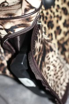 Close Up Interior Pocket of Leopard Print Travel Bag Stock Photos