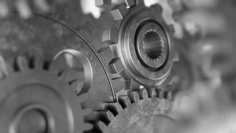 Close-Up of Interlocking Metal Gears in Motion Industrial 3D Animation Stockbeeldmateriaal 332813884