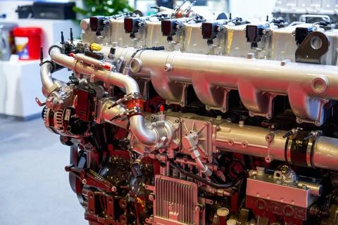 Close-up of internal combustion diesel engine used in large trucks Stockfoto's