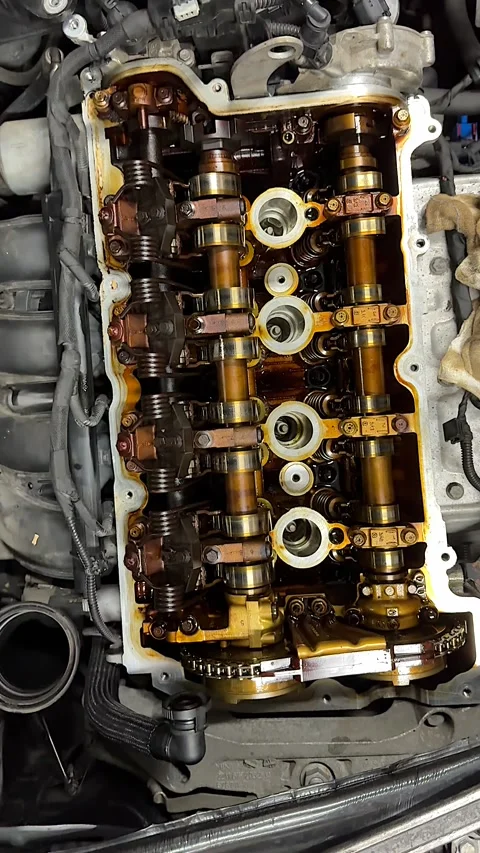 Close up of internal combustion engine with camshafts and valve mechanism Stock Footage 314236573