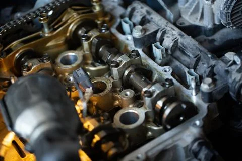 Close up of internal part of car engine under repair 库存照片