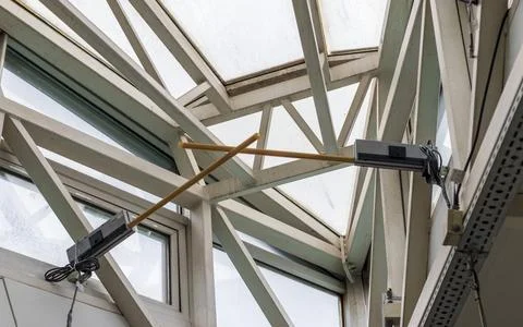 Close-up, internal perspective of a motorized window ventilation system int.. Stock Photos