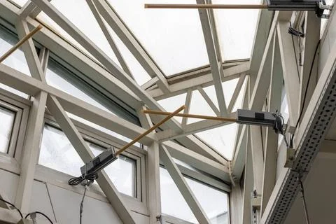 Close-up, internal perspective of a motorized window ventilation system int.. Stock Photos