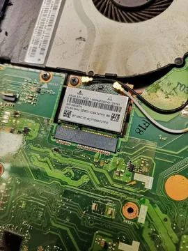 A close-up internal view of a laptop computer showing the wireless network WLAN 스톡 사진