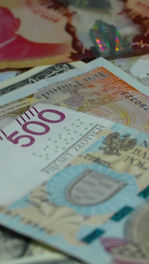 Close Up Of International Banknotes Including Polish Zloty British Pounds And Stock Footage 339971611