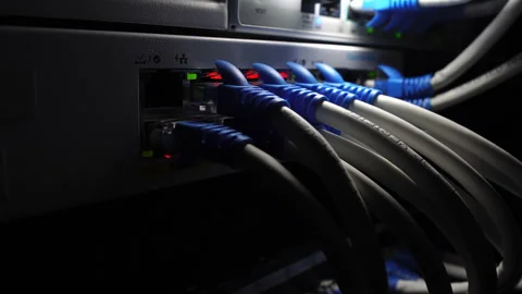 Close-up Internet Network Switch With Plugged Internet Ethernet Cables Vídeo Stock 249611794