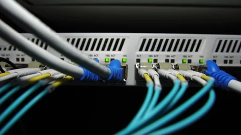 Close-up Internet Network Switch With Plugged Internet Ethernet Cables Stock Footage 249615314