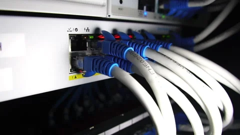 Close-up Internet Network Switch With Plugged Internet Ethernet Cables Stock Footage 249616804
