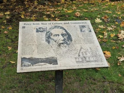 Close-up of interpretive sign honoring Peter Britt, highlighting his legacy Stock Photos