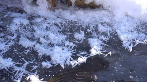 Close up of intricate ice crystals forming on a frozen northern creek surface Vídeos de archivo 342212237