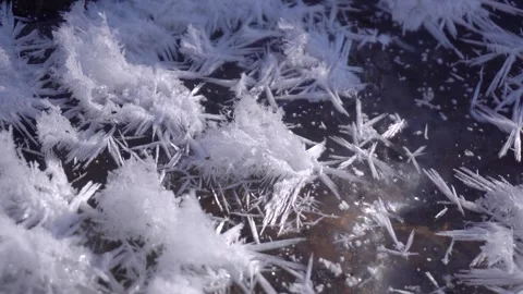Close up of intricate ice crystals forming on a frozen northern stream surface Stock Footage 342212259