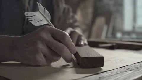 Close up of inventor hands drawing a line along a wooden tool Stock Footage 337929761