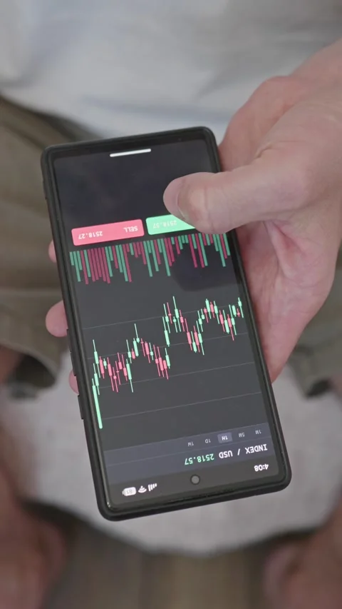 Close up investor closing short position with loss on trading mobile Stock Footage 341860726