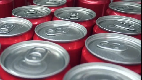 Close-up of iron cans with soda or beer standing in a row. Many iron cans Stock Footage 301102741