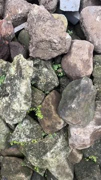 Close up of irregular brown and gray rocks with patches of green moss growing Stock Photos