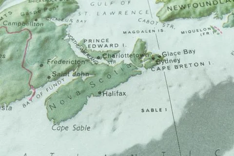 Close-up of an island map, featuring Cape Sabine, Lake Ferguson, cliffs, ru.. 스톡 사진